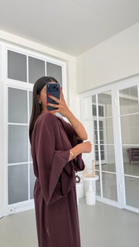 Mürdüm Yarasa Kol Bluz Beli Lastikli Şalvar Pantolon İkili Tencel Takım GAUS-01840GAUSSuitsGAUS-01840