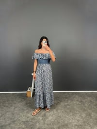 Bercy Kayık Yaka Mavi Desenli ElbiseGausELBİSEGU008360