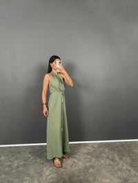 Aren Haki Boyundan Geçirmeli Uzun Keten Elbise GausELBİSEGU008787