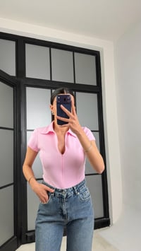 Pembe Polo Yaka Fermuarlı Basic Bluz GAUS-01467GAUSBLUZGAUS-01467