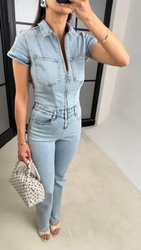 Açık Mavi İspanyol Paça Likralı Denim Tulum GAUS-01466GAUSTULUMGAUS-01466