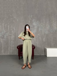 Yeşil Bisiklet Yaka Tshirt Pantolon Basic Yıkamalı Modal Takım Gaus00143GausTAKIMGU1001335