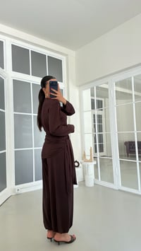 Kahve Vatkalı Bluz Beli Lastikli Bağlama Detaylı Şalvar İkili Tasarım Takım GAUS-01887GAUSSuitsGAUS-01887