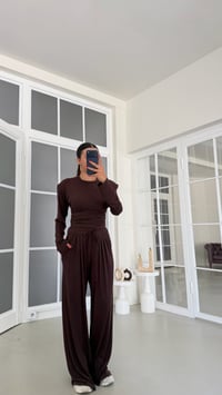 Kahve Vatkalı Beli Ayarlanabilir Bluz Beli Lastikli Pantolon İkili Takım GAUS-01872GAUSSuitsGAUS-01872