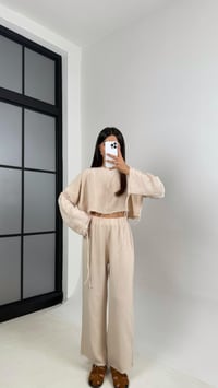 Taş Kol Büzgülü Crop Beli Lastikli Pantolon Tasarım Müslin Takım Gaus00581GausTAKIMGU1002354