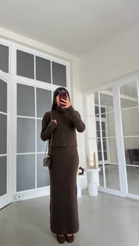 Kahve Hırka Beli Lastikli Etek İkili Triko Takım GAUS-02184GAUSTAKIMGAUS-02184