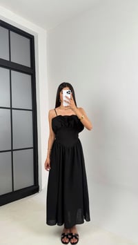 Siyah Ayarlanabilir Askılı Korse Detaylı Astarlı Keten Elbise Gaus00640GausELBİSEGU1002490