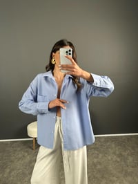 Sonho Mavi İnce Çizgili Oversize Gömlek GausGÖMLEKGU007248