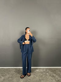 Arley Lacivert Kuşak Bağlamalı Cepli Üst Pantolon Eskitme Tensel Kimono TakımGausTAKIMGU008790