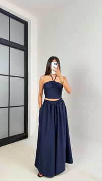 Lacivert Boyundan Bağlamalı Beli Lastikli Crop Kuşaklı Cepli Pantolon Çilek Kumaş Takım Gaus00659GausTAKIMGU1002526