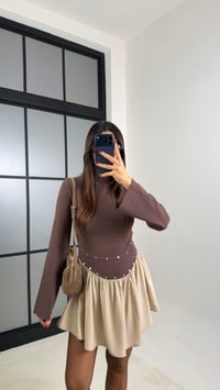 Kahve Zımba Detaylı Pileli Elbise GAUS-00734GAUSELBİSEGAUS-00734