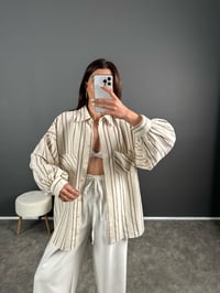 Kahve Çizgili Keten Oversize GömlekGausGÖMLEKGU007247