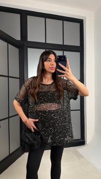 Siyah Muadil Pul İşleme Detaylı İthal Oversize Bluz  GAUS-01187GAUSTshirtGAUS-01187