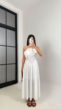 Beyaz Ayarlanabilir Askılı Korse Detaylı Astarlı Keten Elbise Gaus00640GausELBİSEGU1002491