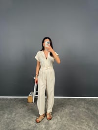 Tatissi Taş Kemer Bağlamalı V Yaka Keten TulumGausTULUMGU008409