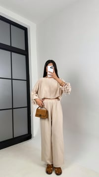 Taş Kol Büzgülü Crop Beli Lastikli Pantolon Tasarım Müslin Takım Gaus00581GausTAKIMGU1002354