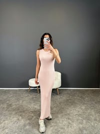 Yuna Pudra Bisiklet Yaka Kolsuz Fitilli  Triko Uzun Elbise GausELBİSEGU004488