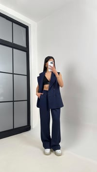 Lacivert Önü Düğmeli Astarlı Yelek Beli Lastikli Pantolon Tencel Premium Takım Gaus00366GausTAKIMGU1001849
