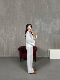 Beyaz Önden Bağlamalı Keten Kimono Takım Gaus00101GausTAKIMGU1001221