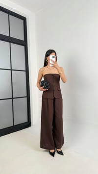 Acı Kahve Straplez Düğmeli Üst Cepli Pantolon İkili Keten Tasarım Takım Gaus00440GausTAKIMGU1002021