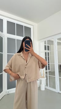 Taş Yarasa Kol Gömlek Beli Lastikli Pantolon Tencel Denim Takım GAUS-01785GAUSTAKIMGAUS-01785