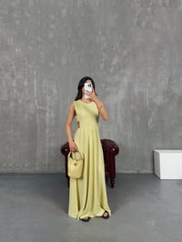 Sarı Yan Dekolteli Keten Elbise Gaus00255GausELBİSEGU1001594