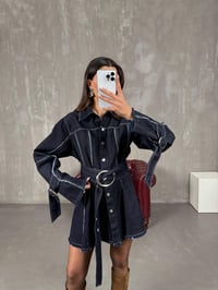 Karla Koyu Füme Kemerli Denim ElbiseGausELBİSEGU100801