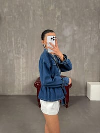 Mavi Boncuk İşlemeli Belden Lastikli Denim Tasarım Ceket Gaus00028GausCEKETGU1001062