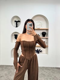 Hona Kahve Kırçıllı Düşük Omuz Crop Pantolon TakımGausTAKIMGU0090334