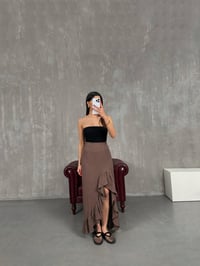 Kahve Önü Volan Yırtmaçlı Müslin Etek Gaus00186GausETEKGU1001429