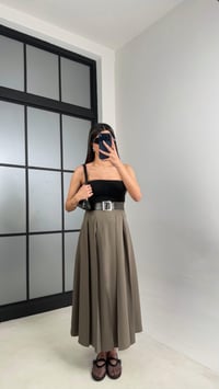 Haki Deri Kemerli Yırtmaçlı Tencel Etek GAUS-01088GAUSETEKGAUS-01088