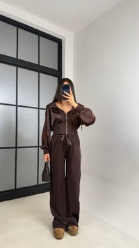 Acı Kahve Saten Detaylı Hırka Beli Lastikli Pantolon Tasarım Takım GAUS-01096GAUSTAKIMGAUS-01096