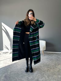 Premium Mavi Ekose Astarlı Uzun Kaban GausKABANGU002856