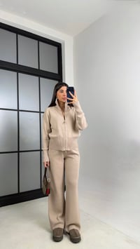 Bej Çift Fermuarlı Hırka Beli Lastikli Pantolon Triko Takım GAUS-01090GAUSTAKIMGAUS-01090
