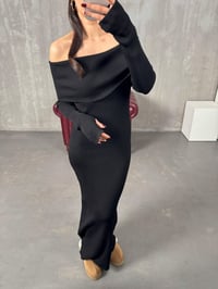 Ladin Siyah Madonna Yaka Fitilli Yumuşak Triko ElbiseGausELBİSEGU10034