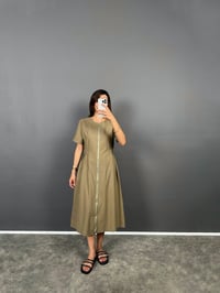 Disa Haki Belden Büzgülü Ön Full Fermuarlı Kısa Kol Keten ElbiseGausELBİSEGU008802