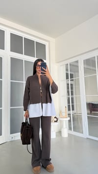 Kahve Gömlek Detaylı Örme Hırka Beli Lastikli Cepli Pantolon İkili Triko Takım GAUS-02132GAUSSuitsGAUS-02132