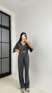 Antrasit Yıkama Desenli Şapkalı Crop Hırka Beli Lastikli Pantolon İkili Premium Takım GAUS-0063GAUSTAKIMGAUS-0063