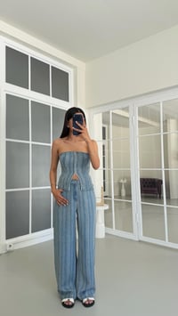 Mavi Bustiyer Palazzo Pantolon Çizgili Denim Takım GAUS-01686GAUSSuitsGAUS-01686