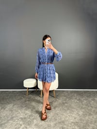 Mavi Desenli Kemerli Şifon ElbiseGausELBİSEGU007254