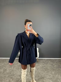 Anis Premium Lacivert Çizgili Bağlamalı Astarlı Blazer CeketGausCEKETGU004333