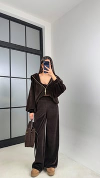 Acı Kahve Kapüşonlu Hırka Crop Beli Lastikli Pantolon 3'lü Kadife Takım GAUS-00875GAUSTAKIMGAUS-00875