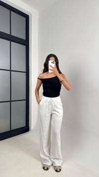 Beyaz Beli Lastikli Muadil Keten Pantolon Gaus00623GausPANTOLONGU1002455