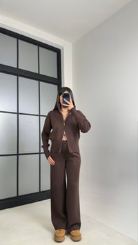 Acı Kahve Çift Fermuarlı Hırka Beli Lastikli Pantolon Triko Takım GAUS-01090GAUSTAKIMGAUS-01090