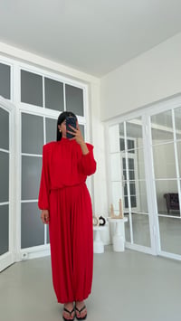 Kırmızı Vatkalı Bluz Beli Lastikli Cepli Şalvar Pantolon İkili Modal Takım GAUS-01868GAUSSuitsGAUS-01868