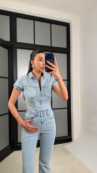 Açık Mavi İspanyol Paça Likralı Denim Tulum GAUS-01466GAUSTULUMGAUS-01466