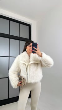 Krem Astarlı Deri Detaylı Kürk Ceket GAUS-01017GAUSCEKETGAUS-01017