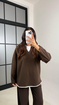 Kahve Tshirt Detaylı Kazak Beli Lastikli Pantolon İkili Triko Takım GAUS-00485GAUSTAKIMGAUS-00485