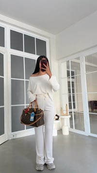 Ekru Kayık Yaka Bluz Beli Lastikli Pantolon İkili Modal Takım GAUS-02168GAUSTAKIMGAUS-02168