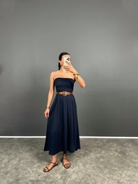 Rovena Lacivert Straplez Kemerli Elbise GausELBİSEGU008535
